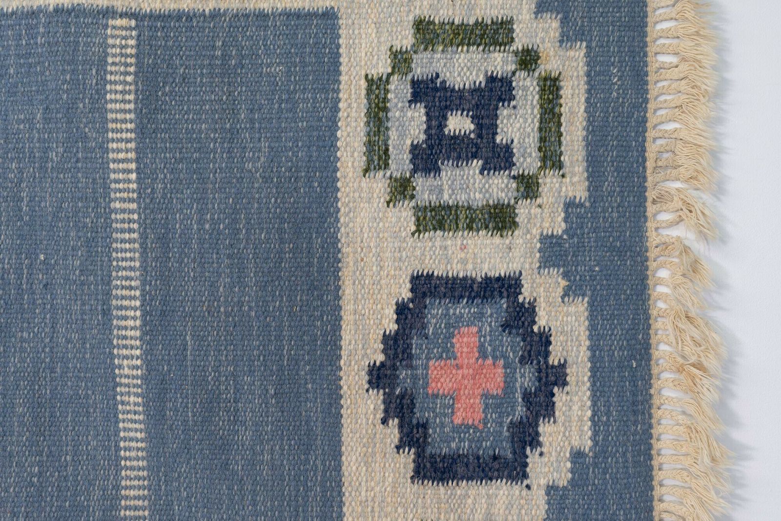 Mid Century Swedish Kilim In Blue And Cream photo for sale
