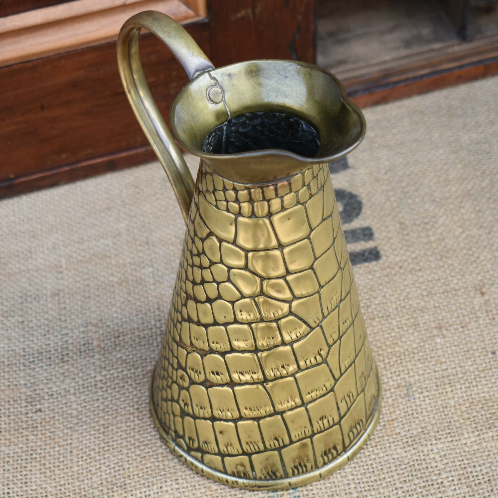 Antique Joseph Sankey Hand Beaten Reptile Repousse Brass Jug Ewer Pitcher Pair photo for sale