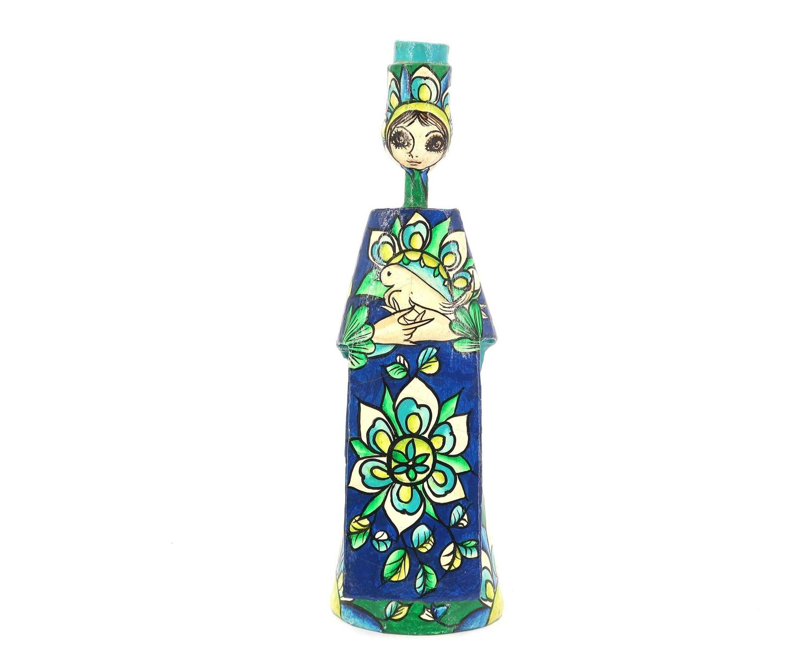 Mexican Folk Art Paper Mache Bird Candle Holder Signed Abelardo Ruiz, 1970s / Mexico, Blue, Candleholder, Anthropomorphic