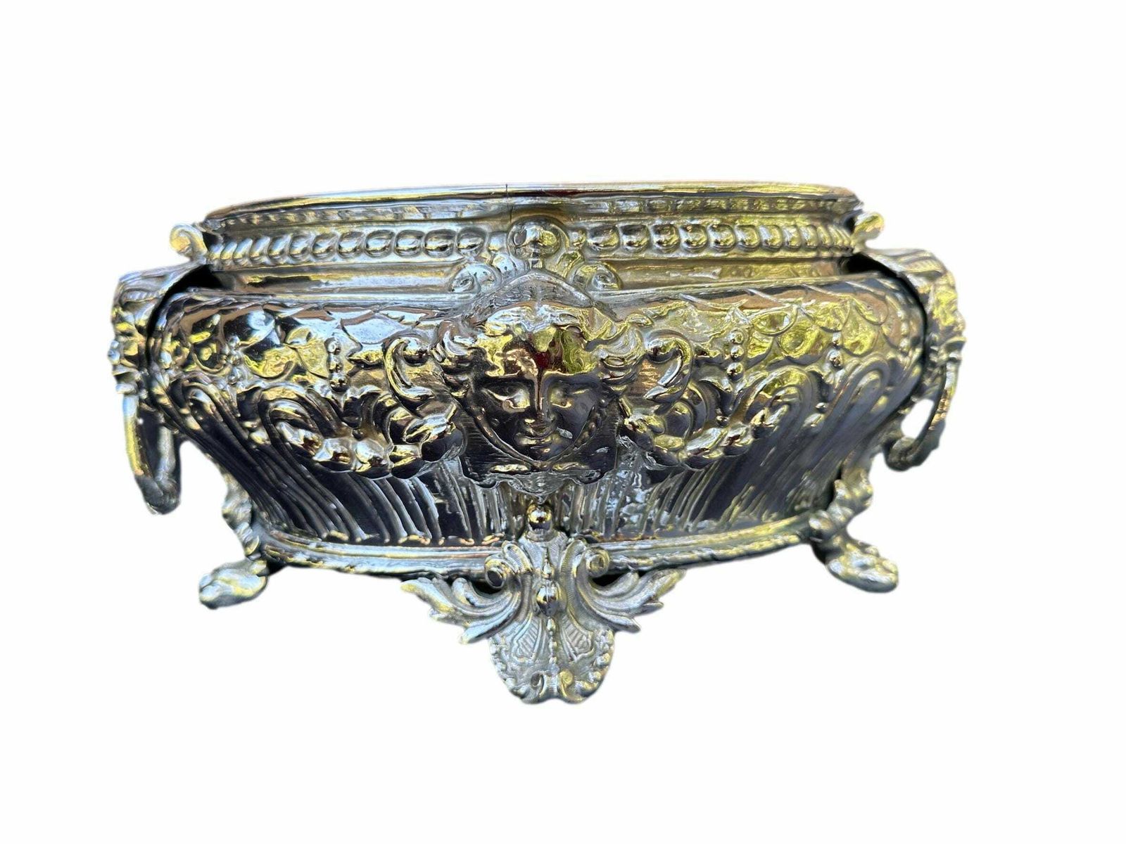 French Antique Silver Metal Planter, Mascaron, Lion 19th photo furniture