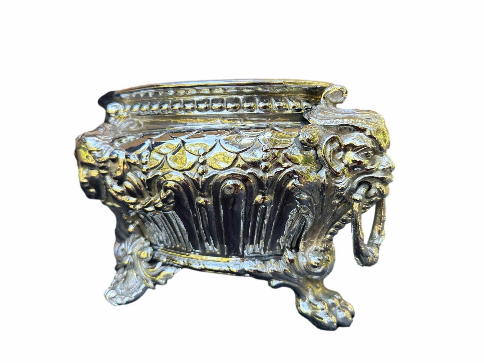 French Antique Silver Metal Planter, Mascaron, Lion 19th photo Garden Decor