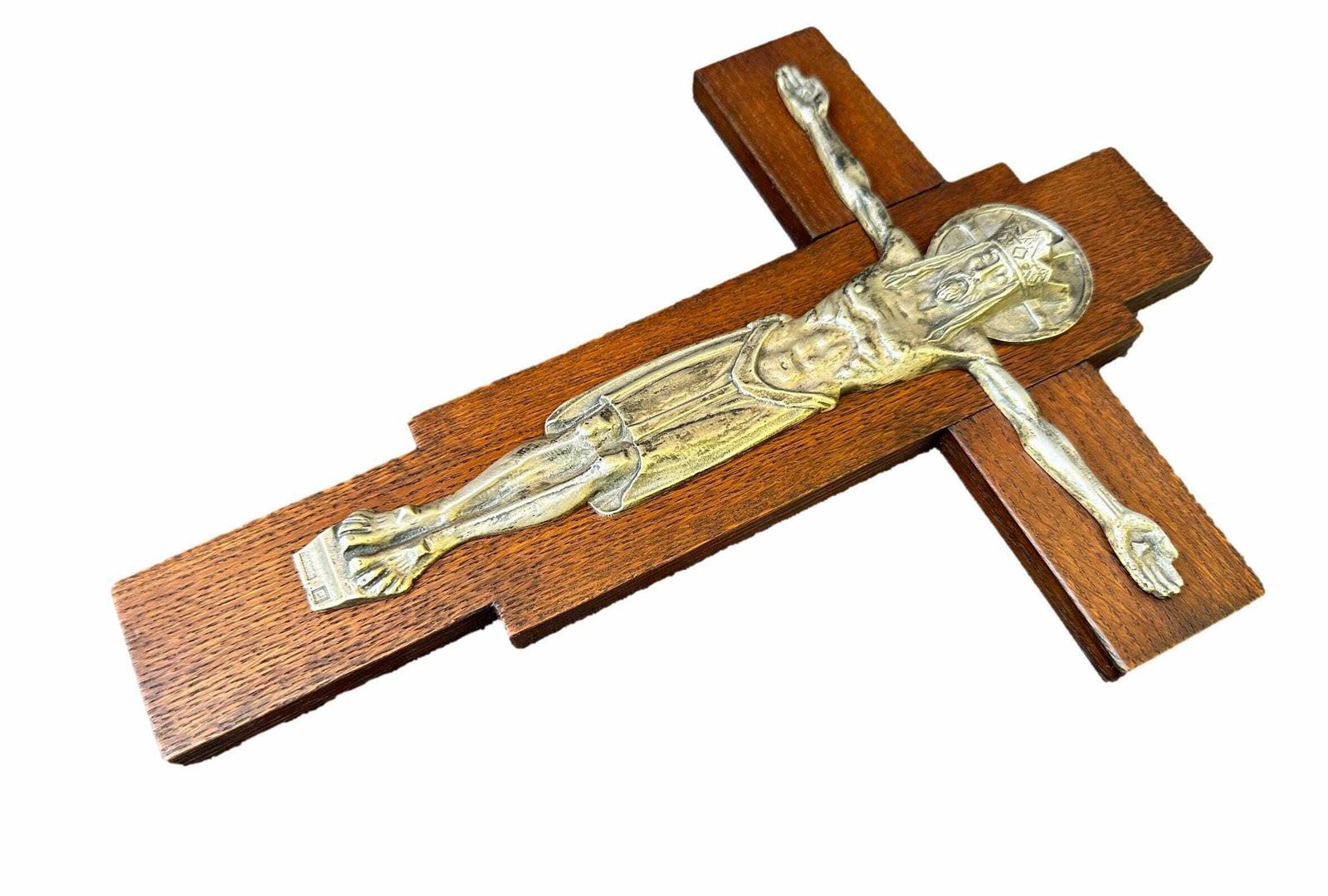 French Antique Carved Wood Silver Metal Wall Crucifix Cross photo vintage