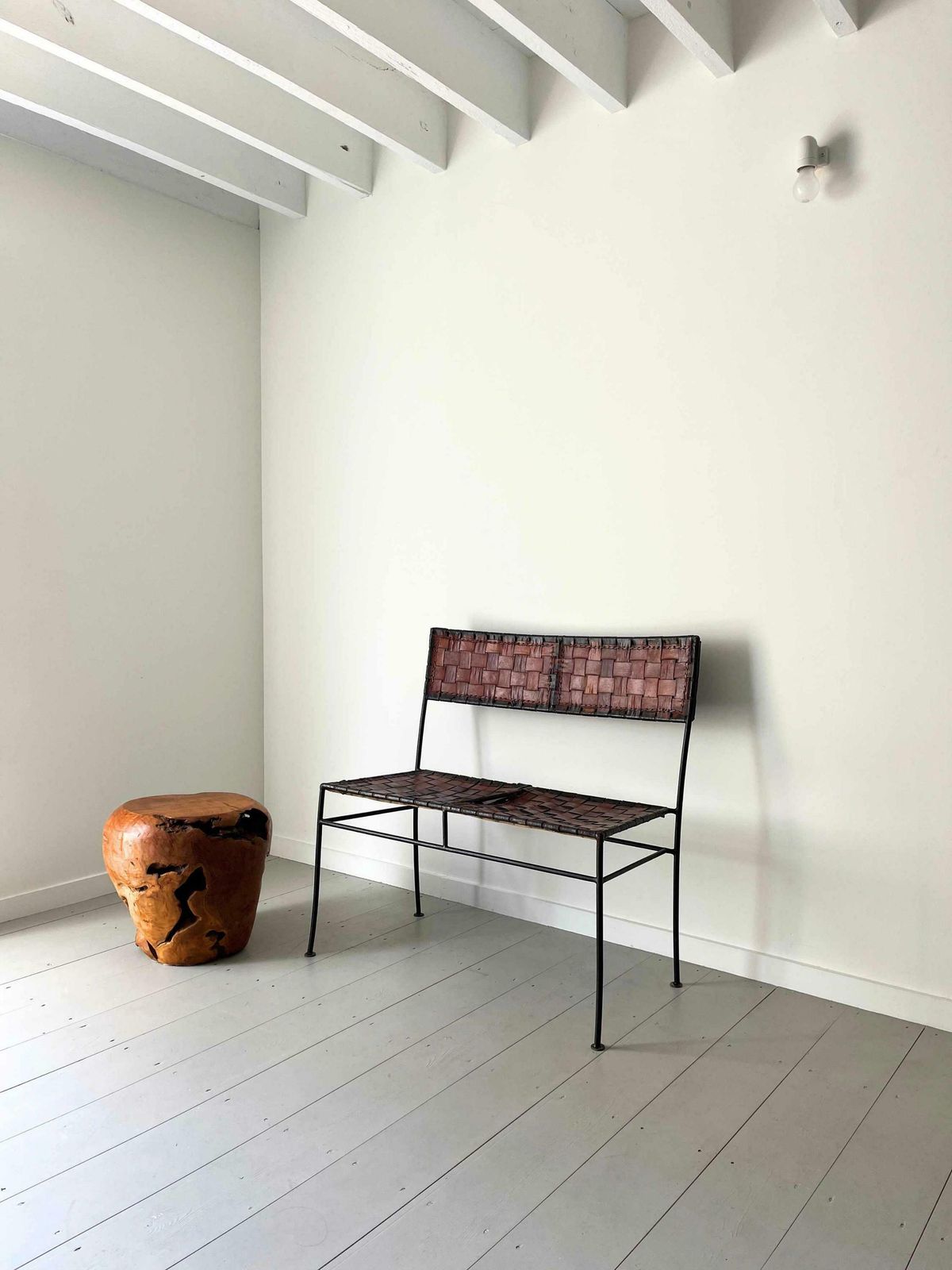 Late Mid Century Woven Leather And Iron Bench, Spain C. 1970, Metal Frame Vintage Seat photo furniture