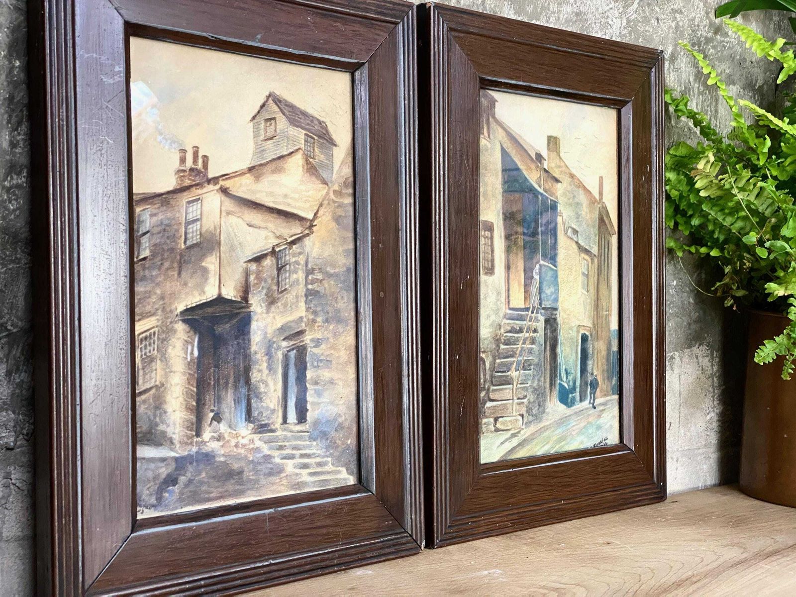 Antique Watercolours Original Signed Atmospheric Street Scenes photo furniture