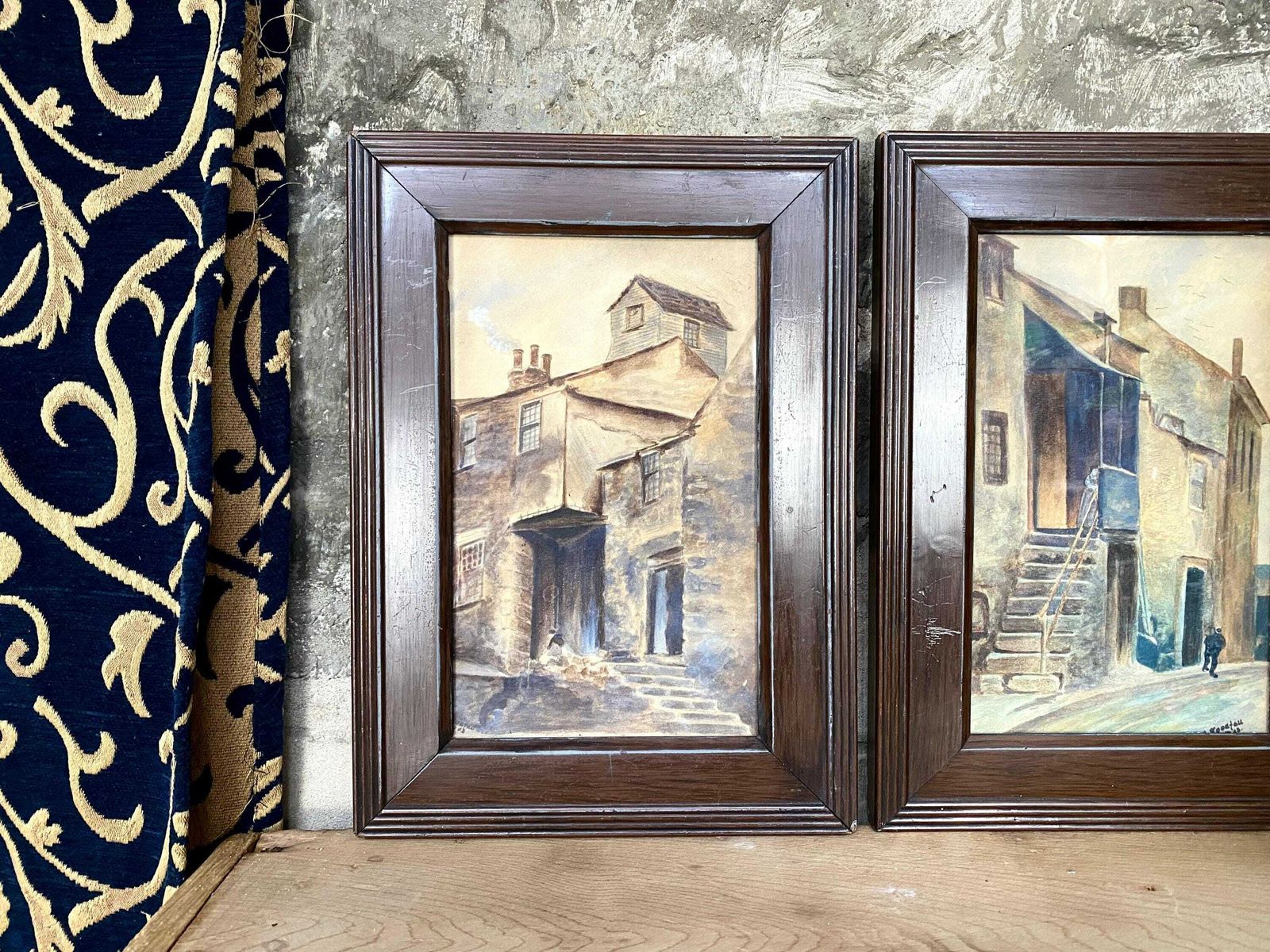 Antique Watercolours Original Signed Atmospheric Street Scenes photo for sale