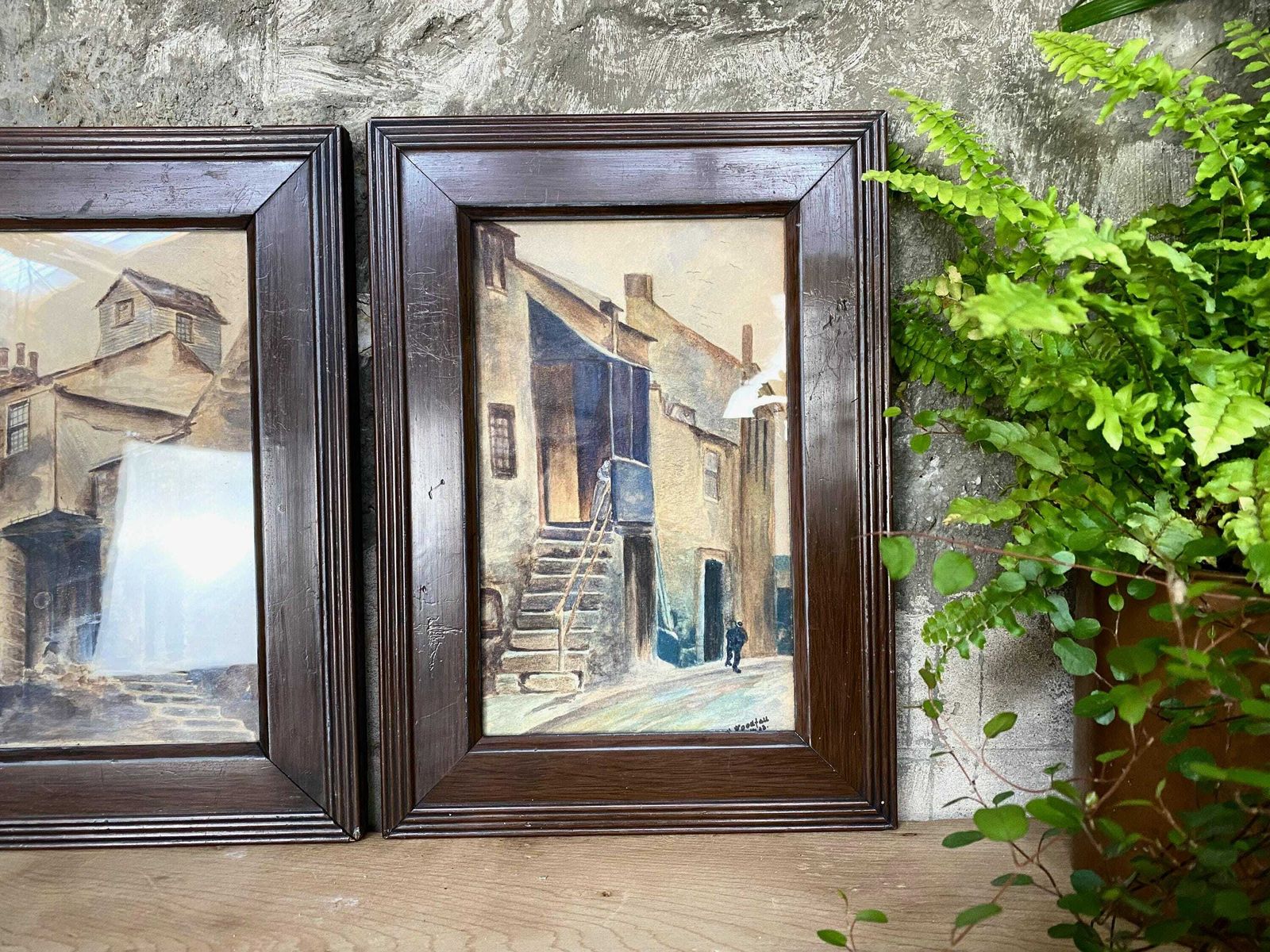 Antique Watercolours Original Signed Atmospheric Street Scenes photo Art