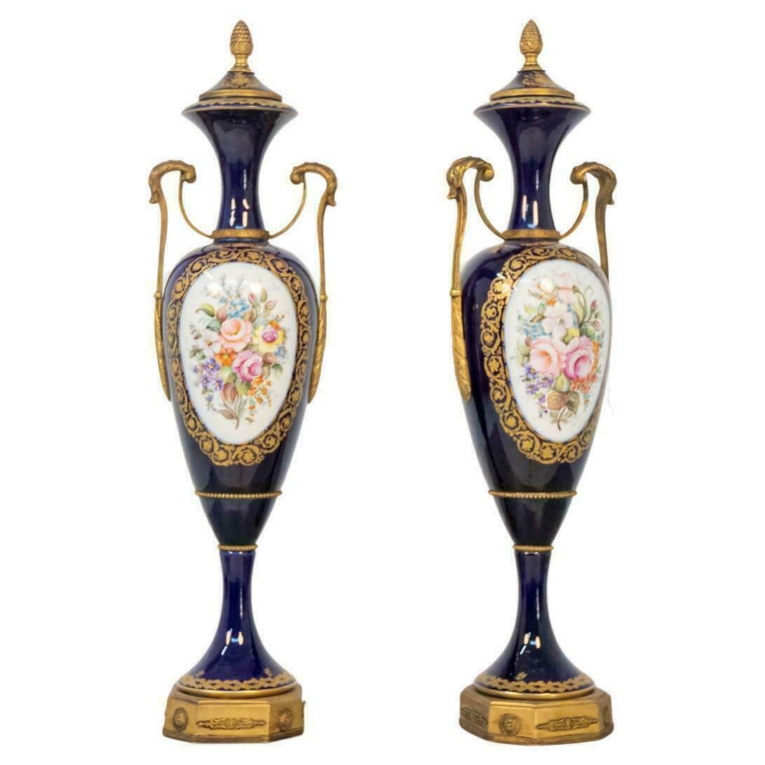 French Blue Ceramic Decorative Vases With Floral Motifs