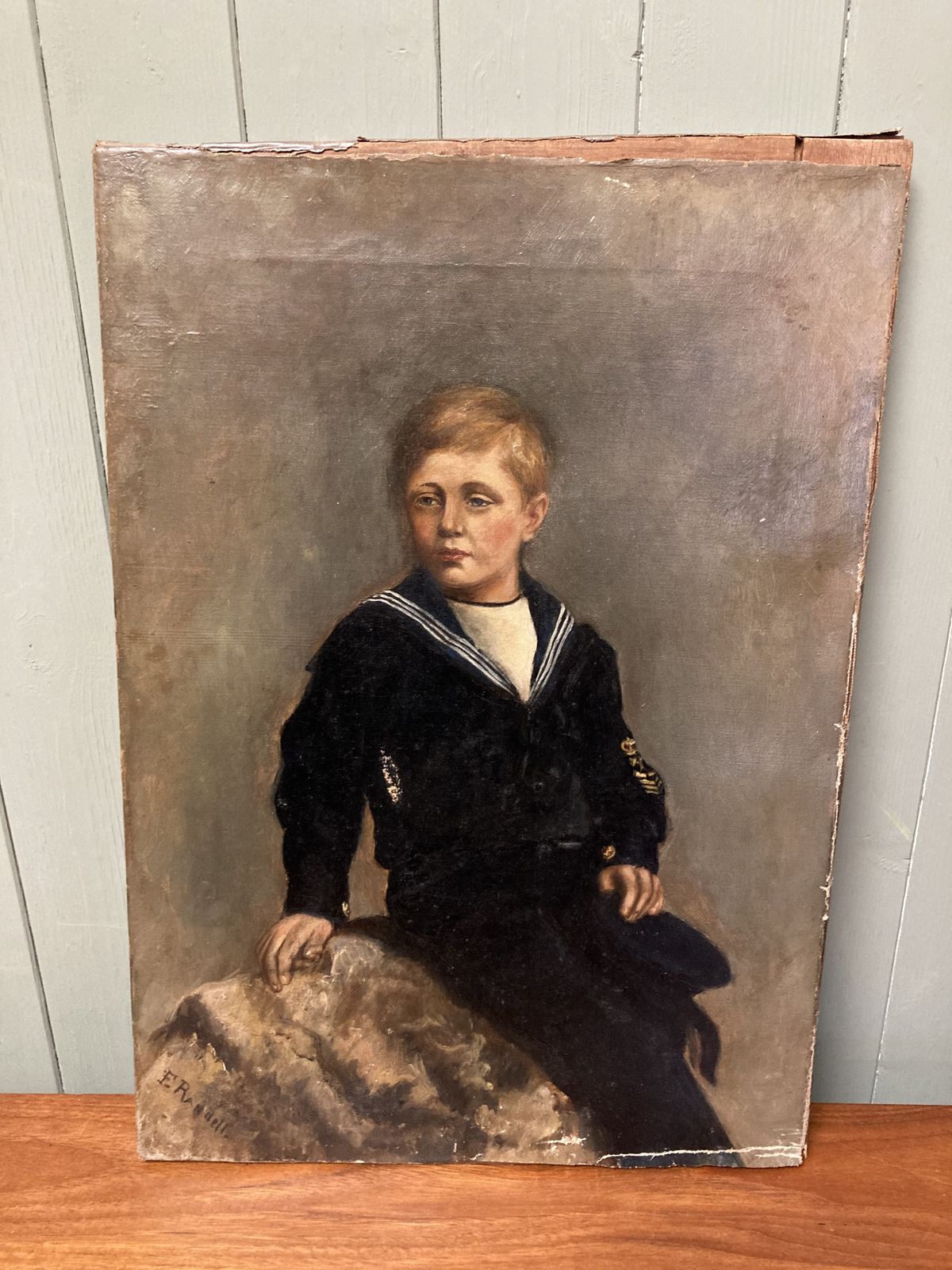 Antique Portrait In Oil Of A Young Boy Dressed In A Sailor’s Uniform photo 465.0