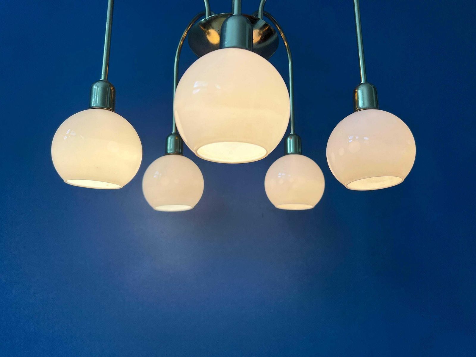 Mid Century Gold Brass Opaline Glass Chandelier photo 365.0