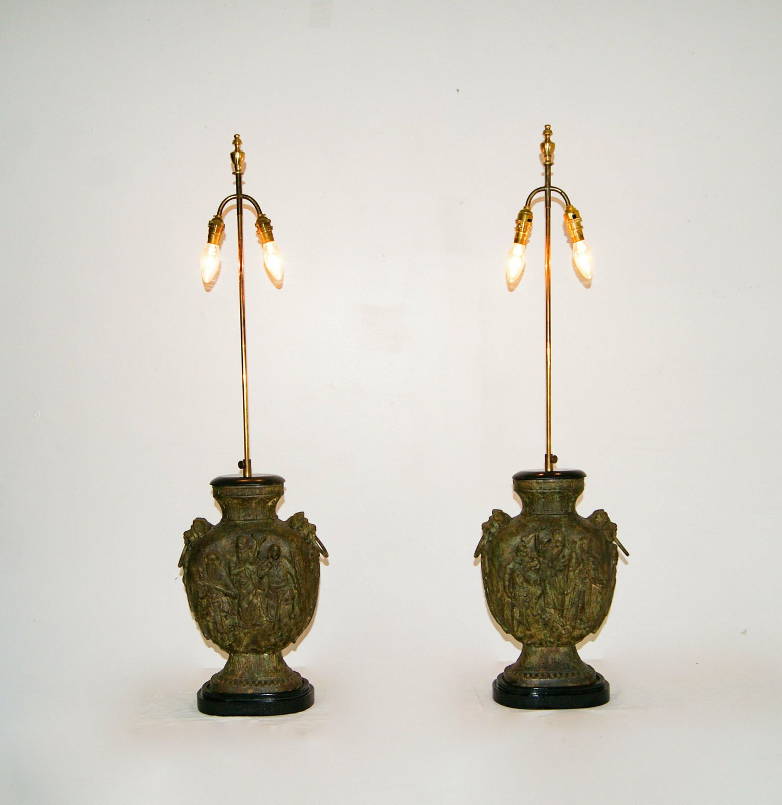 Pair Of Large Brutalist Cast Iron Chinese Guan Yu Figurine Double Bulb Lamps In The Style Of James Mont photo for sale