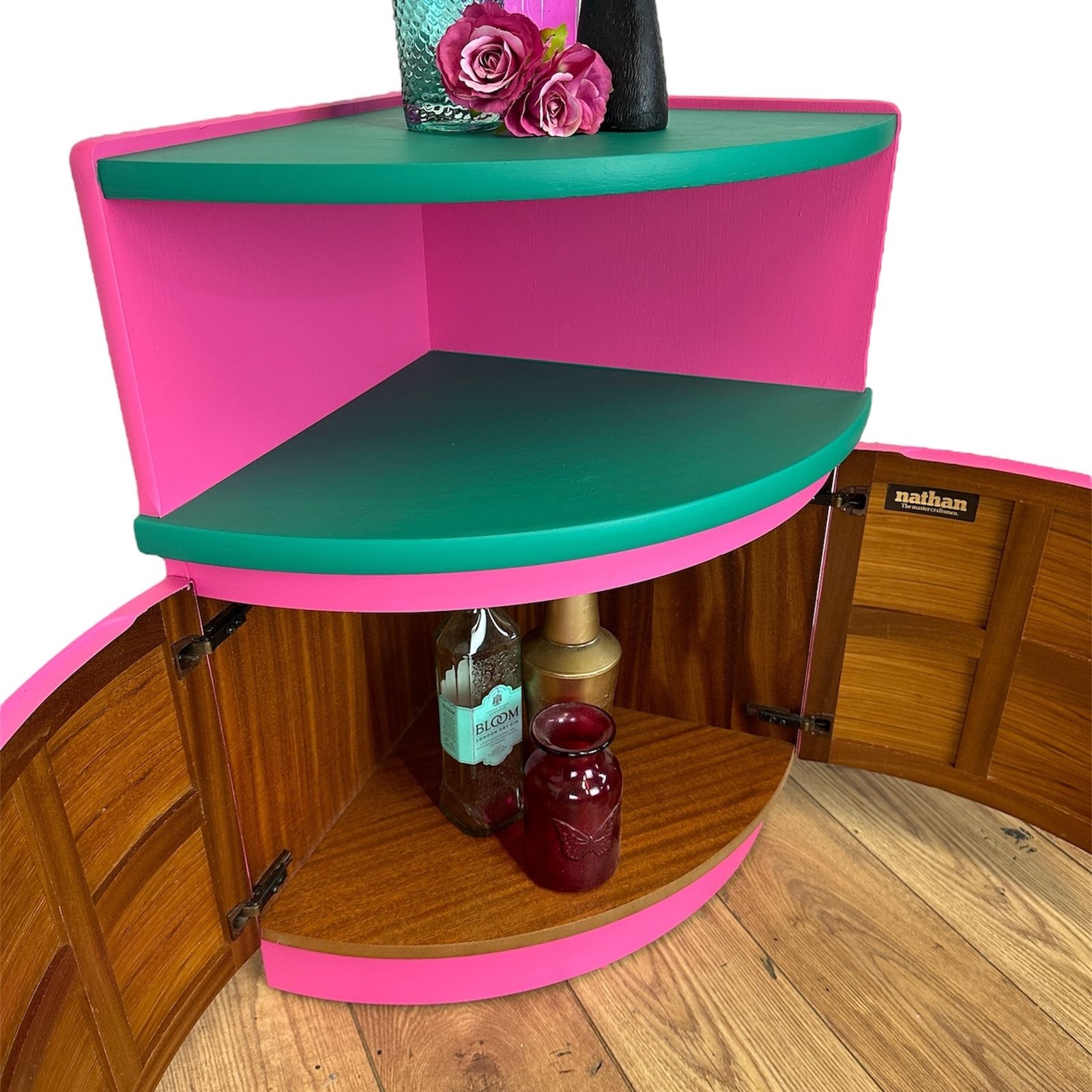 Maximalist Hot Pink And Turquoise Nathan Corner Cabinet With Black And White Geometric Design, Mid Century Modern, Bold, Bright, Statement photo furniture