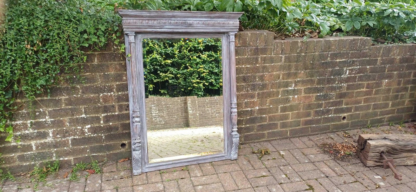 Beautifully Upcycled Massive French Carved Over Mantel Mantle Mirror Light Grey Blue photo furniture