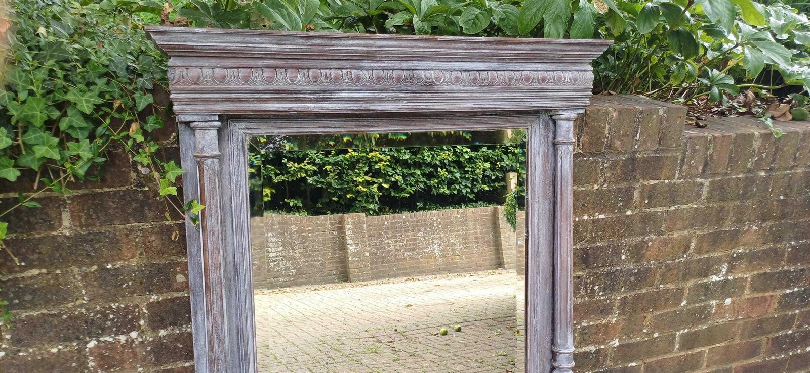 Beautifully Upcycled Massive French Carved Over Mantel Mantle Mirror Light Grey Blue photo for sale