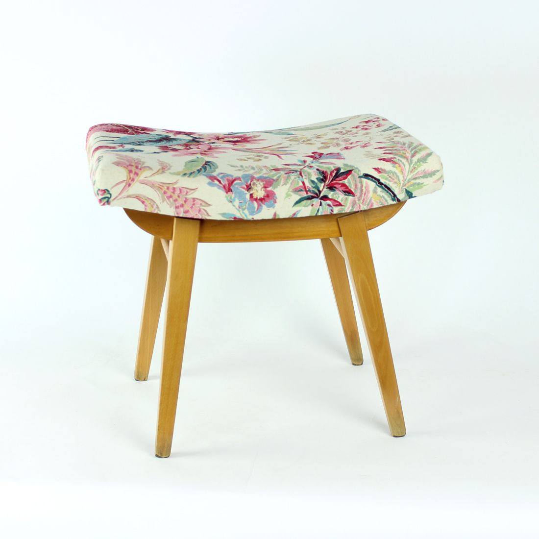 Midcentury Stool In Oak & Linen, Ton Czechoslovakia 1960s photo vintage