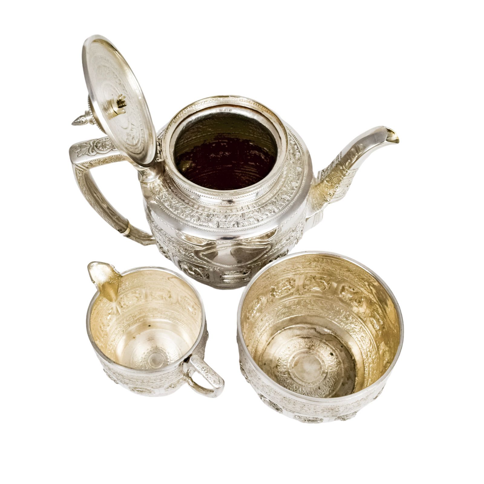 Antique Victorian 3 Piece Tea Set Embossed With Zodiac Signs   Indian / Tibetan photo Home Decor