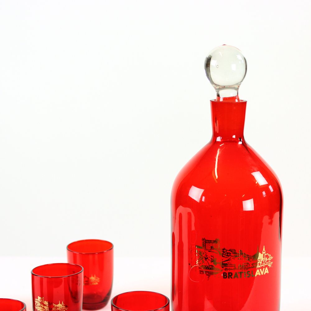 Midcentury Alcohol Bottle & Shots Set In Red Glass, Czechoslovakia Circa 1960s photo furniture