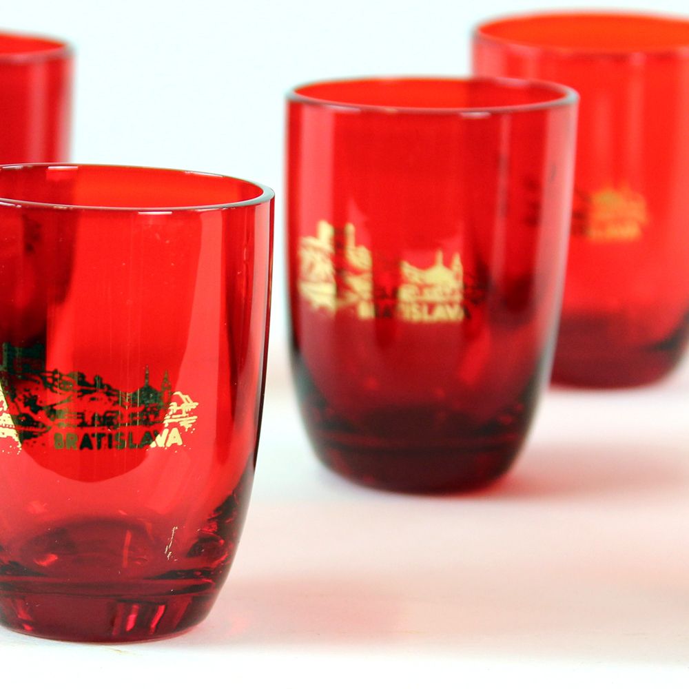 Midcentury Alcohol Bottle & Shots Set In Red Glass, Czechoslovakia Circa 1960s photo vintage