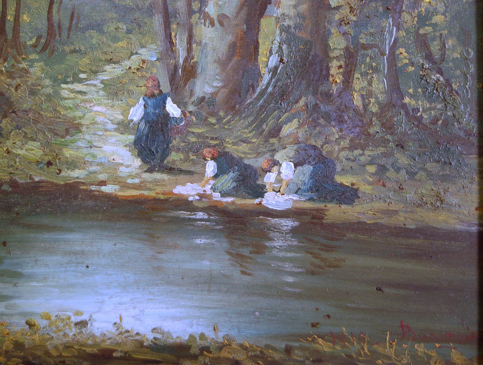 Domenico Buscaglia   Oil On Wood   The Washerwomen 1919 photo for sale