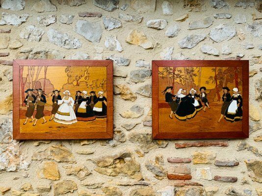 Wood Carved Folk Art Panels, 1940s, Set Of 2