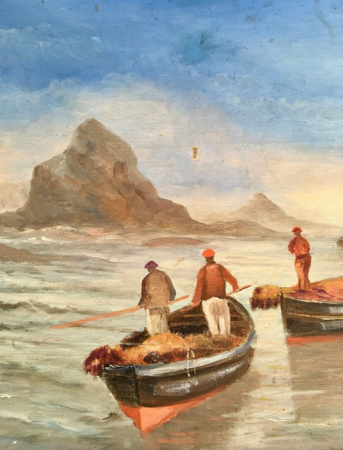 Charming 1920s French Oil Painting On Wood Panel Fishermen’s Boats On The Mediterranean Sea, French Riviera photo for sale