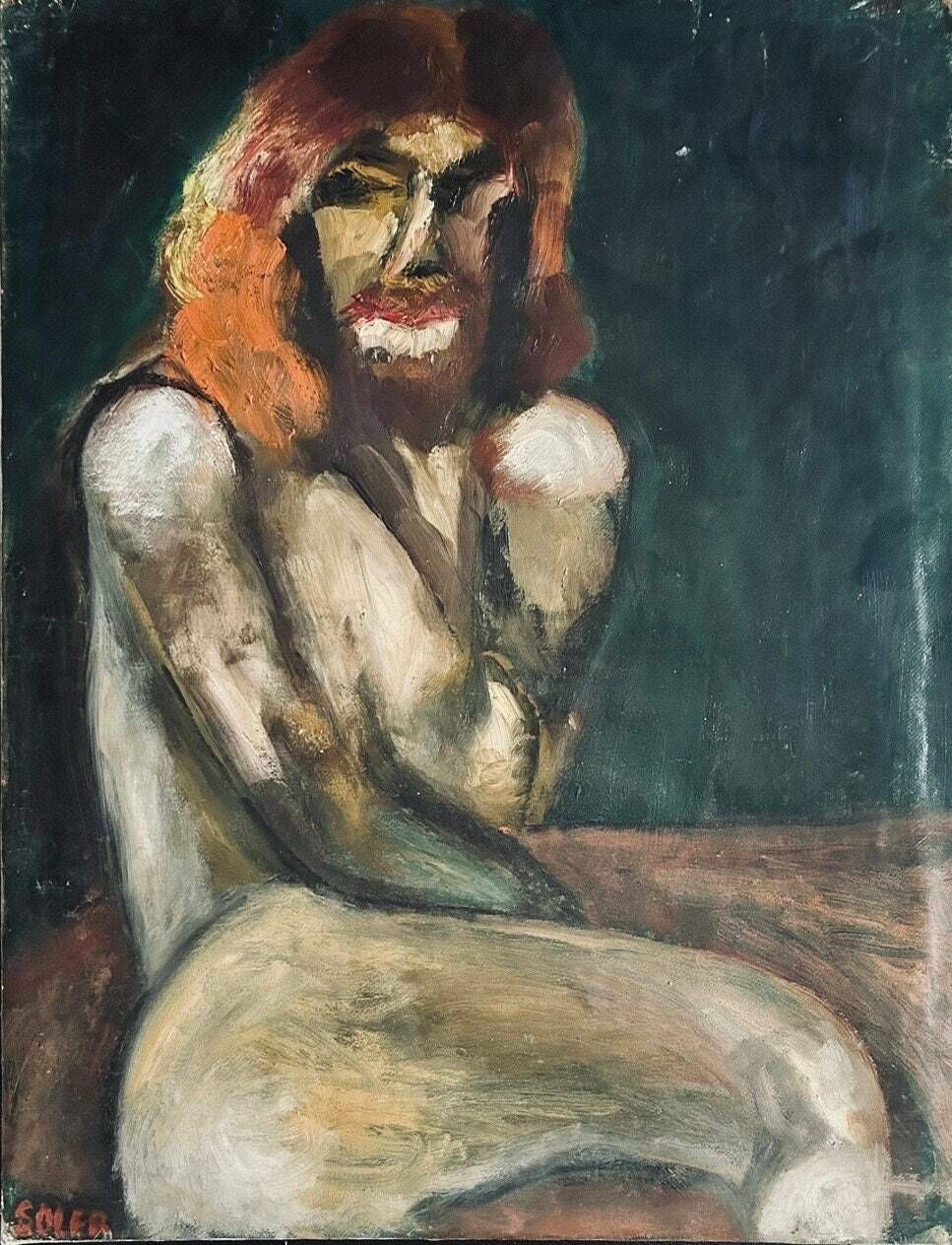 Expressive 1940s French Oil Painting On Canvas (Marouflage) Female Nude photo furniture