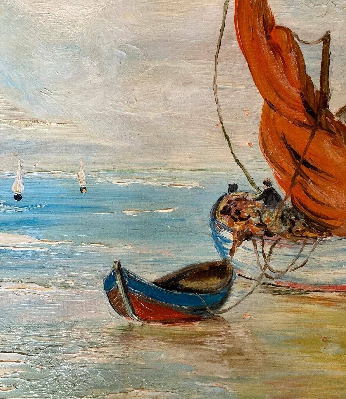 Elegante Frans Olieverfschilderij Op Paneel Uit De Jaren 1940 – Vissers En Zeilboten Aan De Middellandse Zeekust, Zuid Frankrijk photo 803.0