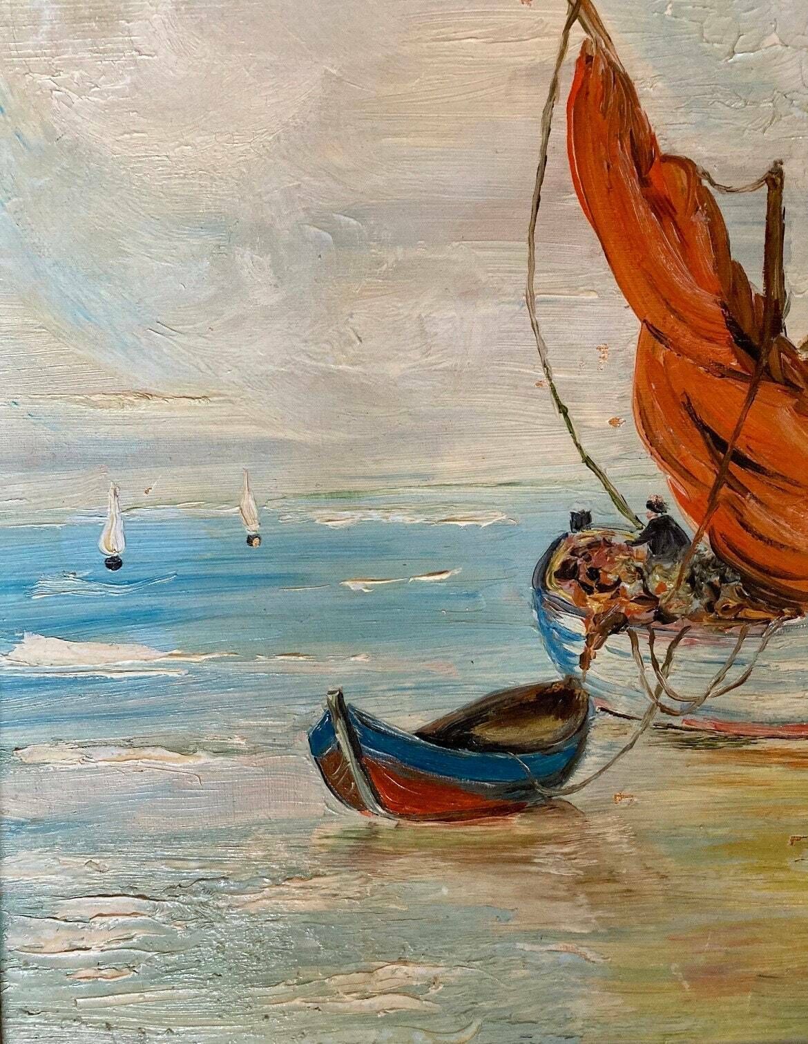 Elegante Frans Olieverfschilderij Op Paneel Uit De Jaren 1940 – Vissers En Zeilboten Aan De Middellandse Zeekust, Zuid Frankrijk photo vinterior