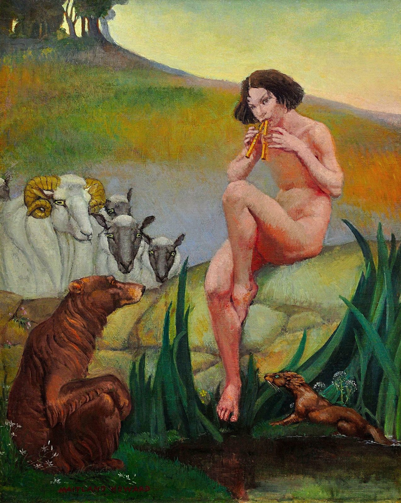 Pan, God Of Nature, Playing Panpipes: Mythological Nude With Animals. 1930s Oil Painting By Margaret Maitland Howard 1898 To 1983. Framed. photo furniture