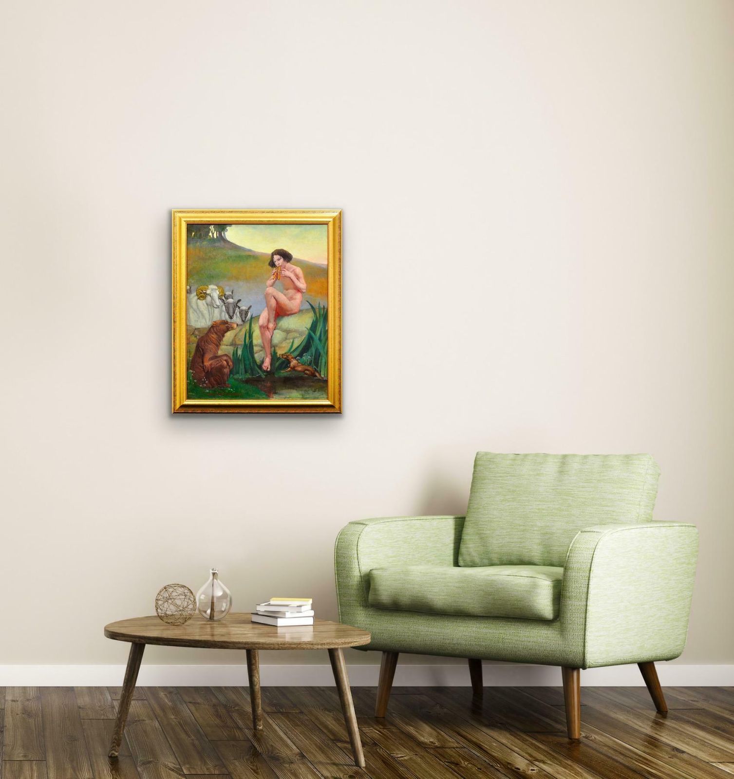 photo vintage Pan, God Of Nature, Playing Panpipes: Mythological Nude With Animals. 1930s Oil Painting By Margaret Maitland Howard 1898 To 1983. Framed.