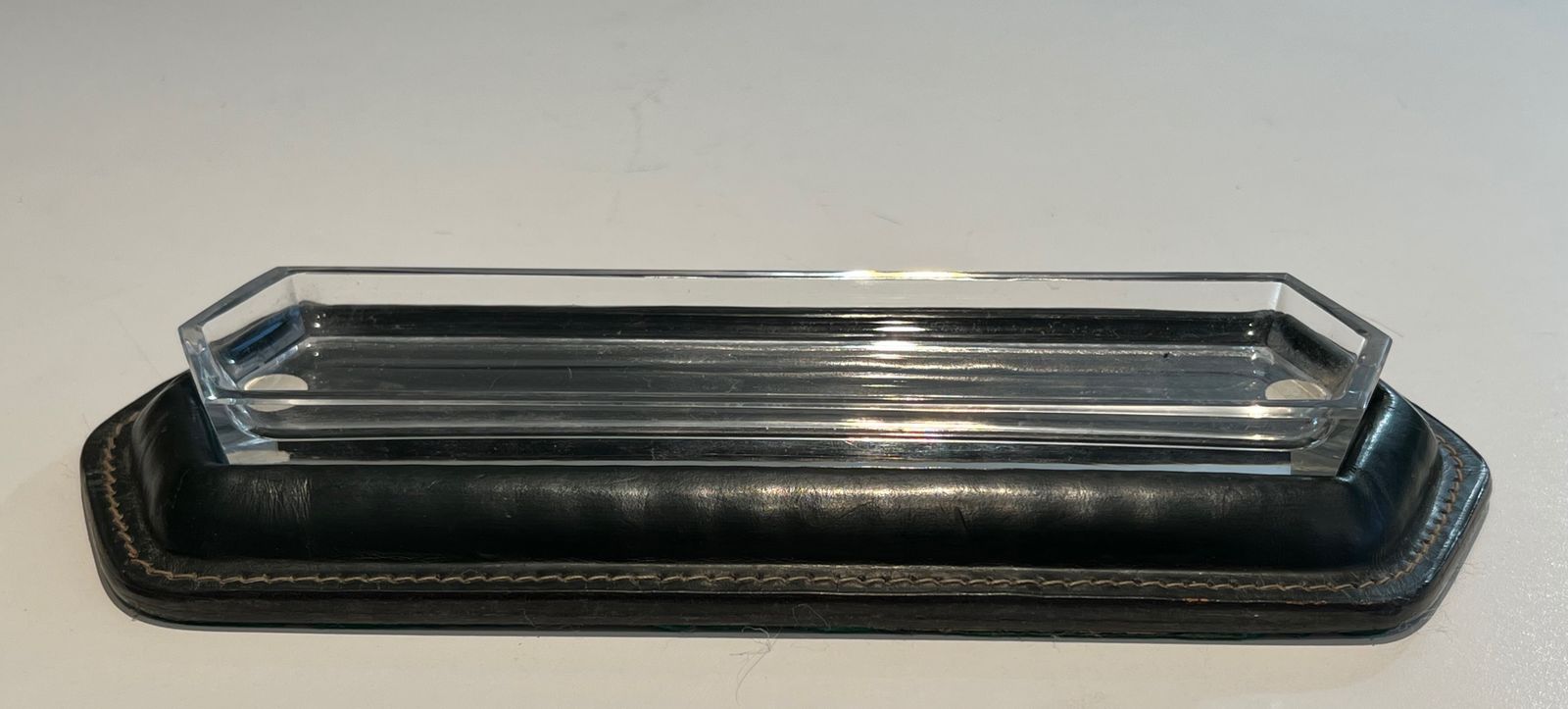 Cellier Stitched Dark Green Leather Pen Holder In The Style Of Jacques Adnet photo furniture