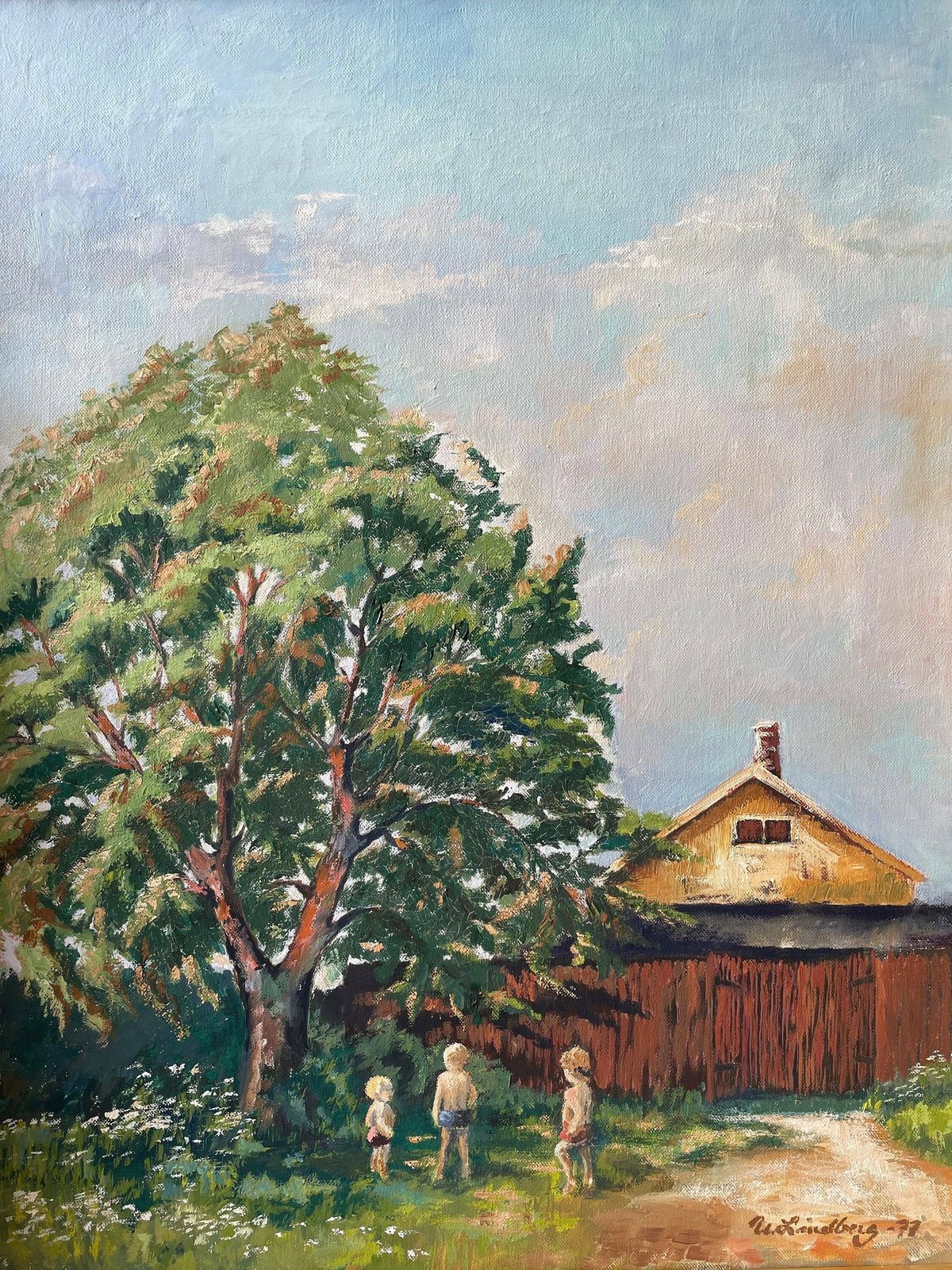 Vintage Framed Swedish Original Oil Painting For Nursery Child’s Room, Antique Wall Art, Vertical Art Of Countryside And Greenery With Sky photo furniture