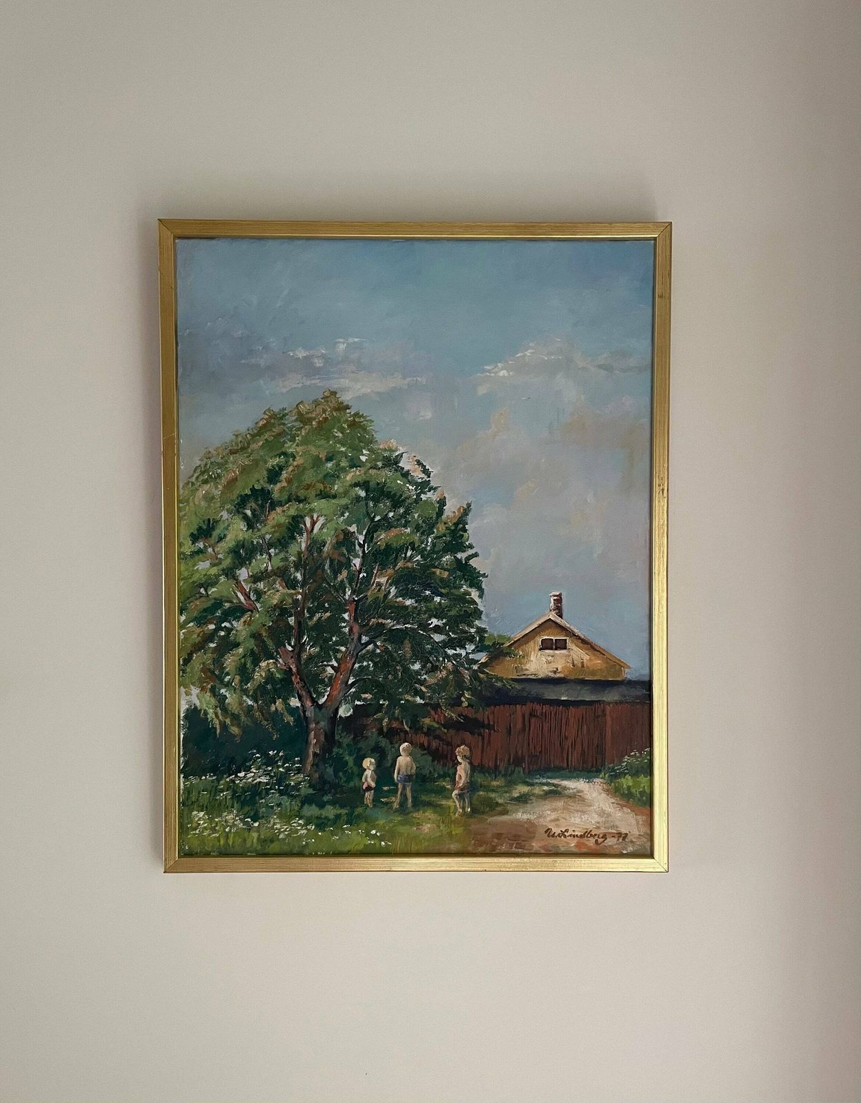Vintage Framed Swedish Original Oil Painting For Nursery Child’s Room, Antique Wall Art, Vertical Art Of Countryside And Greenery With Sky photo for sale