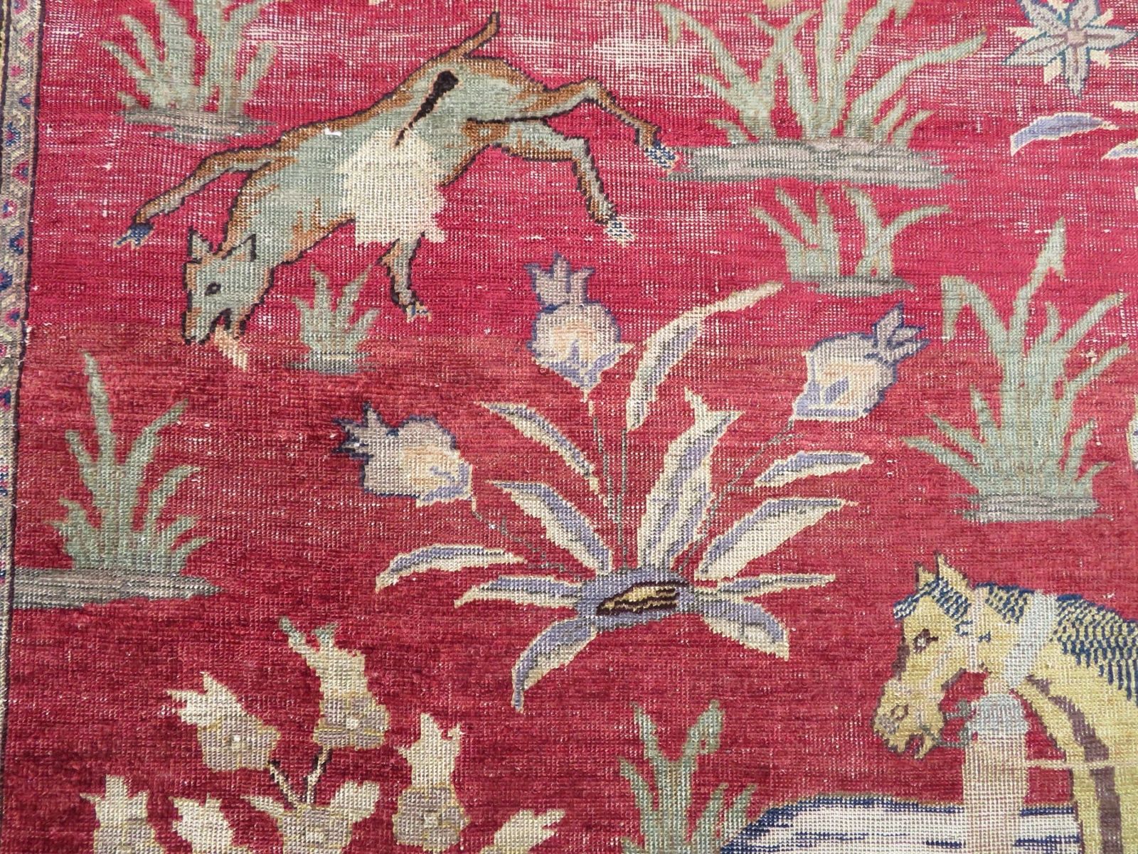 photo vinterior 19th Century Turkish Pictorial (Hunting Scene) Silk Rug. West Anatolia. 171cm X 125cm.