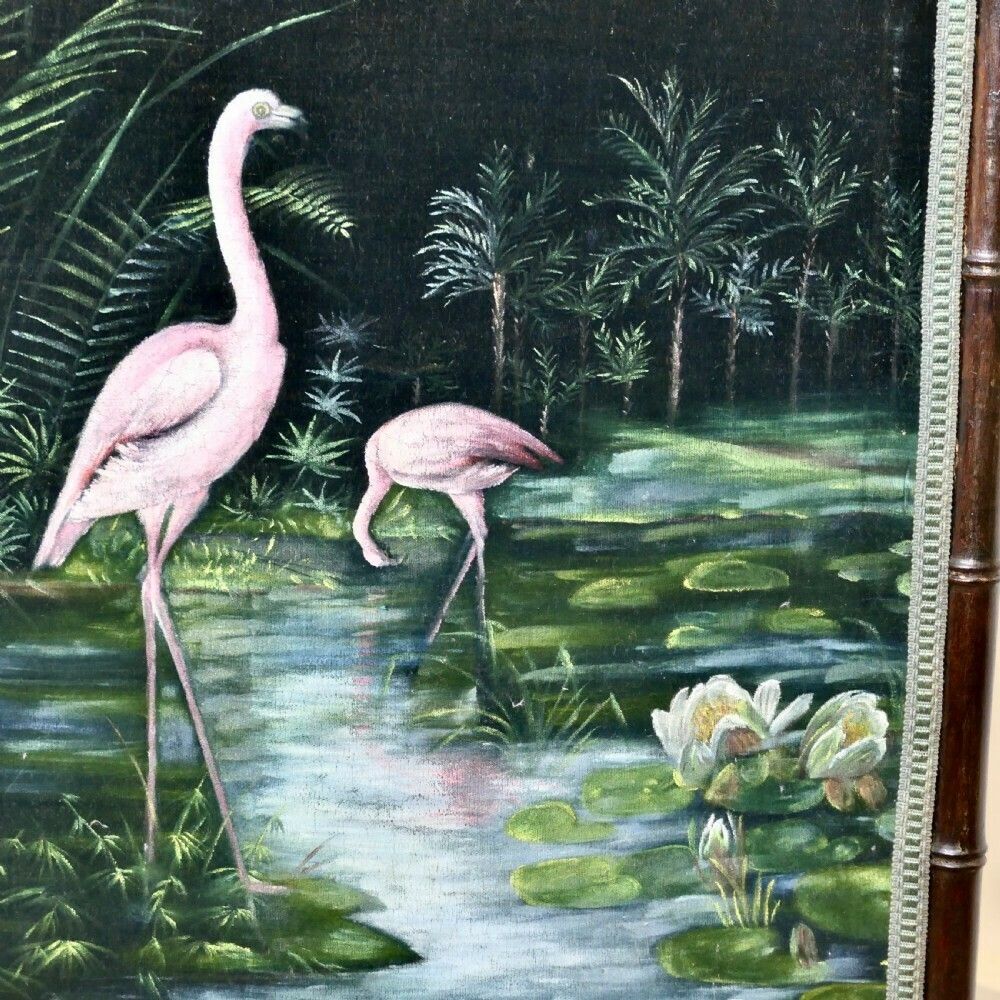 Black Lacquer Oriental Fire Screen, Painted With Flamingos photo for sale