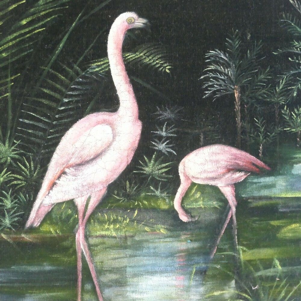 Black Lacquer Oriental Fire Screen, Painted With Flamingos photo 1020.0