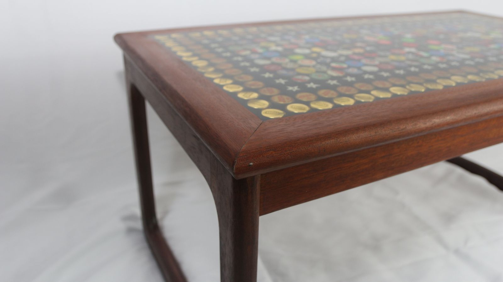Up Cycled Mid Late Century Hard Wood Coffee Table, With Radially Repeating Decorative Inlay photo furniture