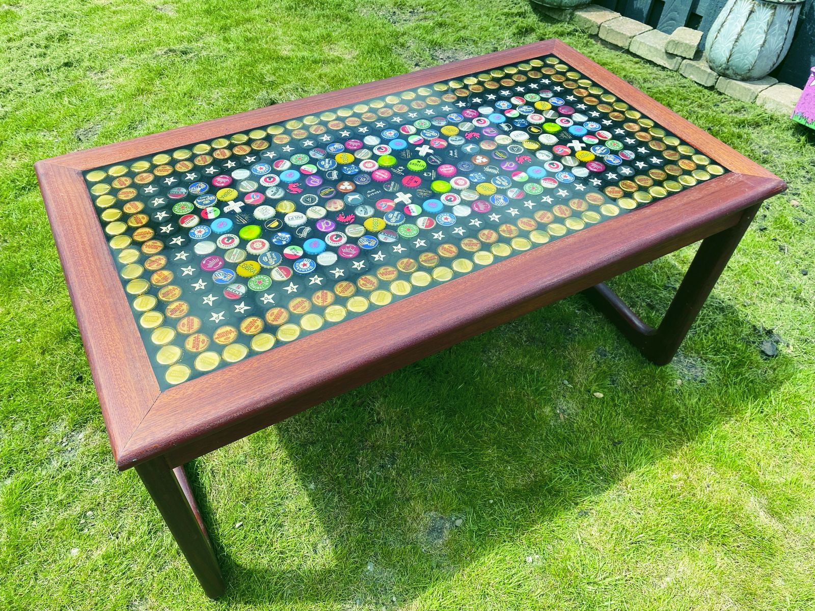 Up Cycled Mid Late Century Hard Wood Coffee Table, With Radially Repeating Decorative Inlay photo Furniture