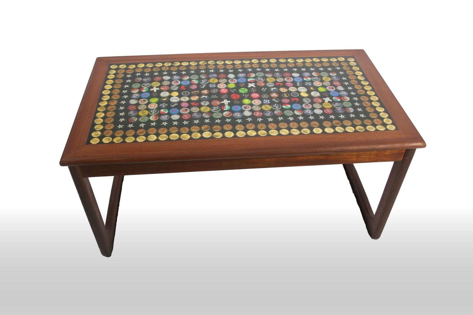 photo for sale Up Cycled Mid Late Century Hard Wood Coffee Table, With Radially Repeating Decorative Inlay