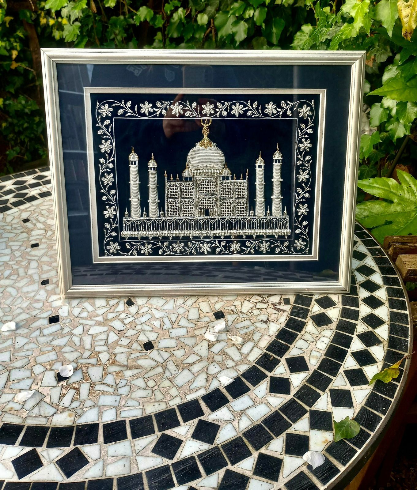 Beautiful Gold And Silver Vintage Stump Work Taj Mahal Embroidery, Framed And Glazed