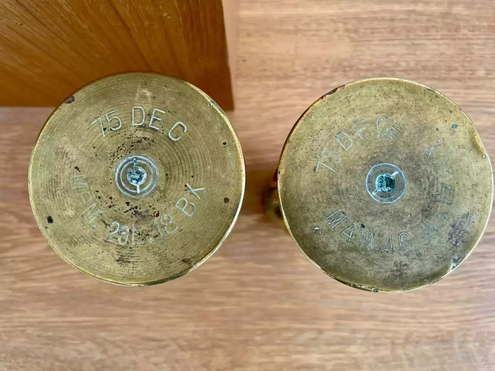 A Pair Of Brass Trench Art Vases With Vine Pattern "Souvenir De Vouziers 14 19" photo vinterior