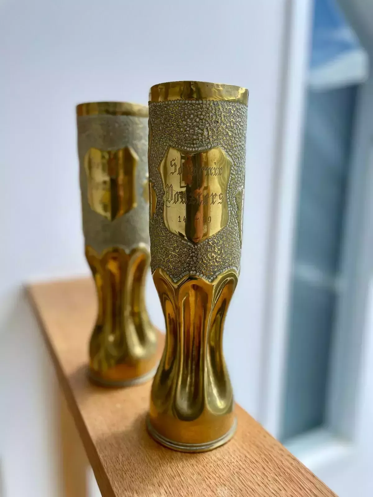 A Pair Of Brass Trench Art Vases With Vine Pattern "Souvenir De Vouziers 14 19" photo buy