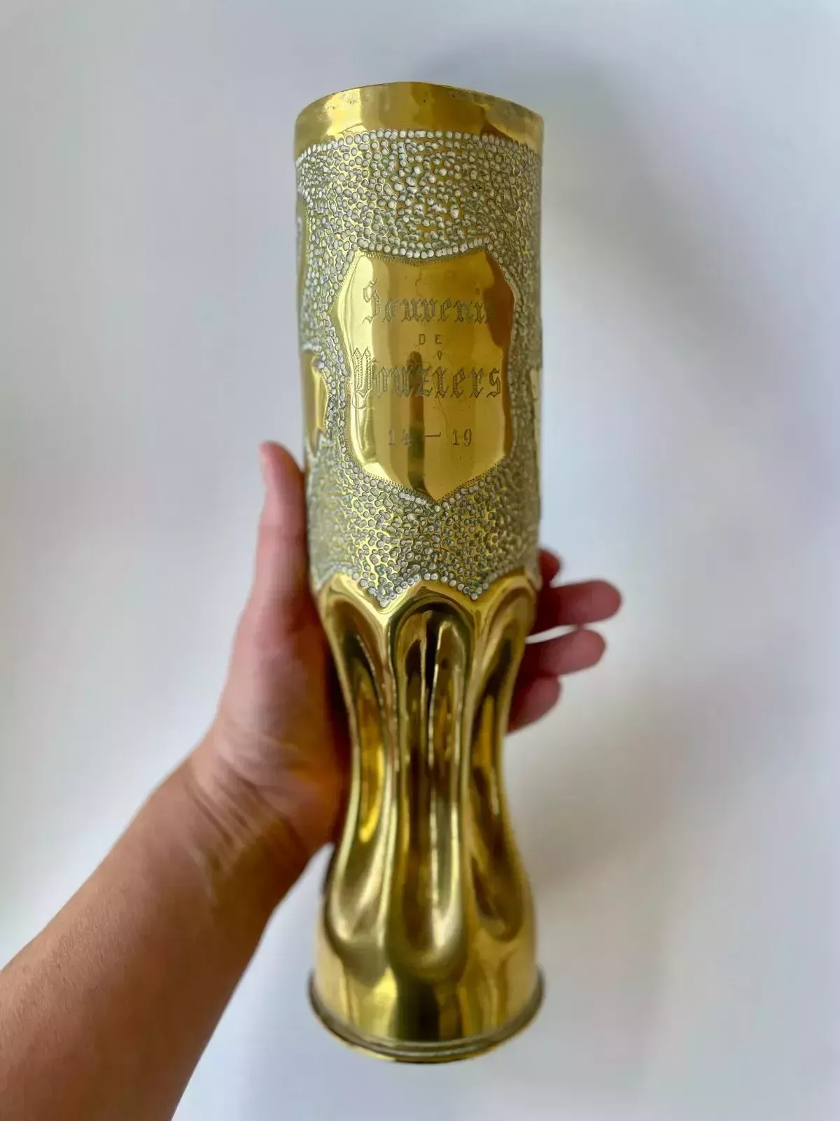 100.0 A Pair Of Brass Trench Art Vases With Vine Pattern "Souvenir De Vouziers 14 19" photo