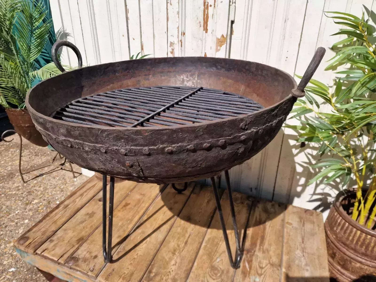 Large Antique Original Indian Kadai Fire Pit Bbq Drinks Ice Cooler Planter photo for sale