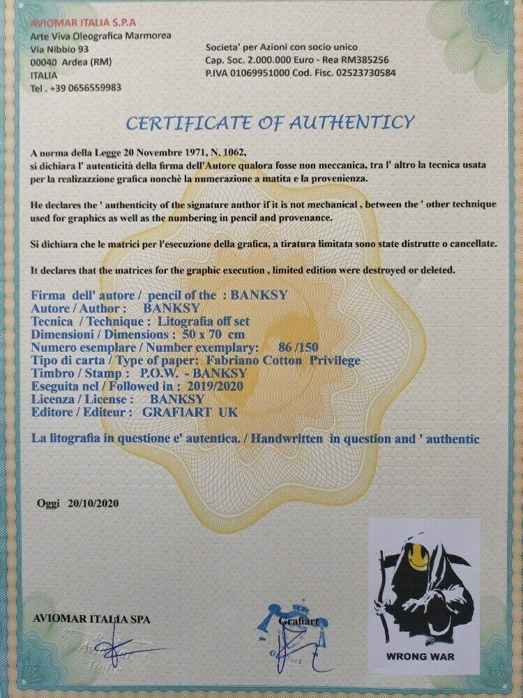 Banksy Signed   Wrong War   Certificate (Banksy Wall Art, Banksy Lithograph, Ban photo Art