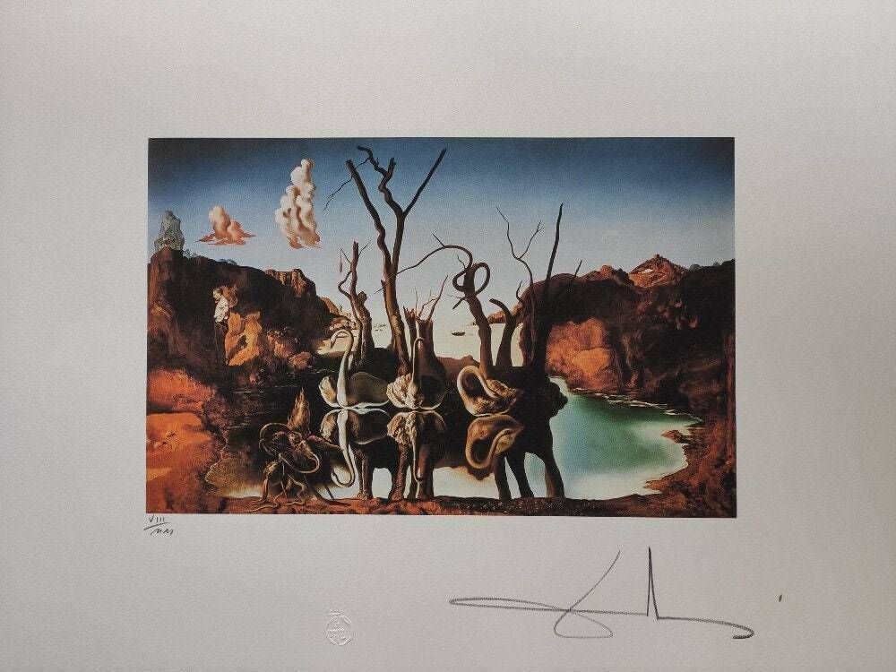 Salvador Dali Hand Signed Lithograph   Swans Reflecting Elephants   Salvador Da