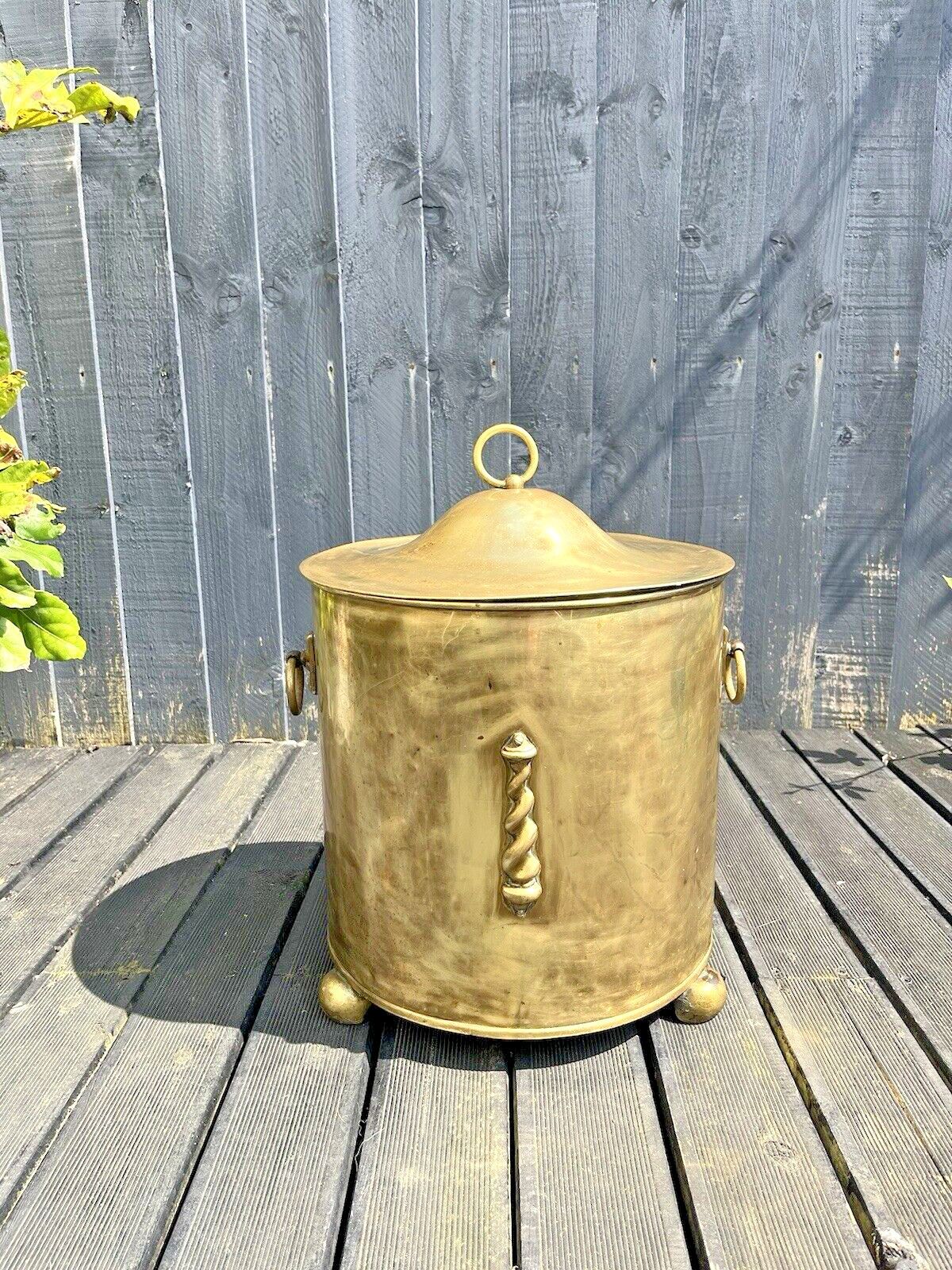Large Antique 30's Art Deco Brass Lidded Coal Log Box Storage Bucket Bin Vintage photo furniture