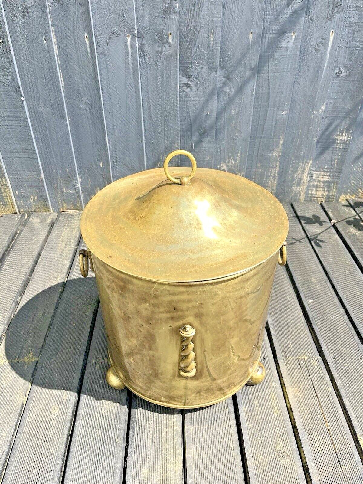 Large Antique 30's Art Deco Brass Lidded Coal Log Box Storage Bucket Bin Vintage photo Home Decor