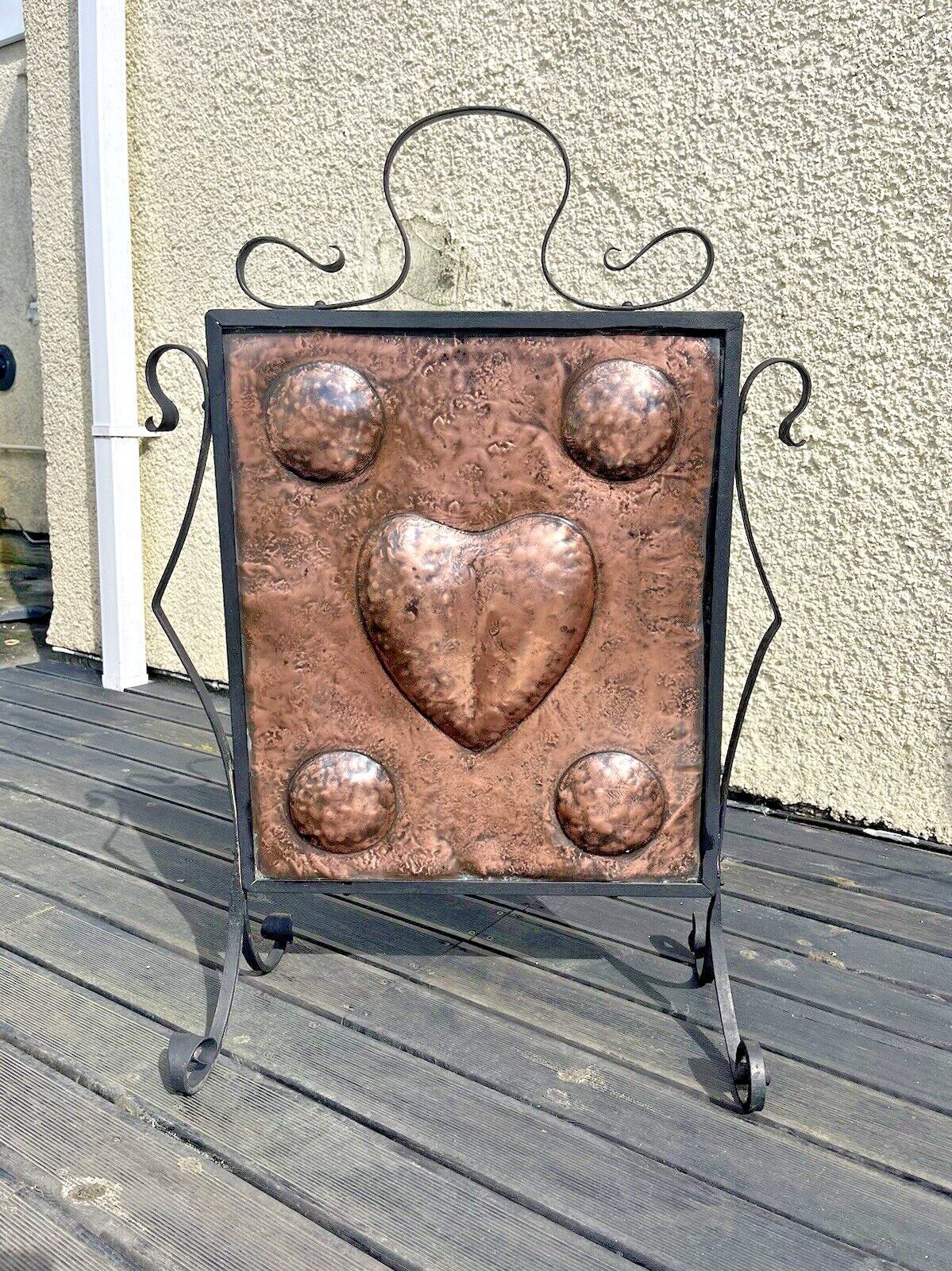 Antique Art Nouveau Heart & Roundel Copper & Wrought Iron Fire Guard Screen Af photo 295.0