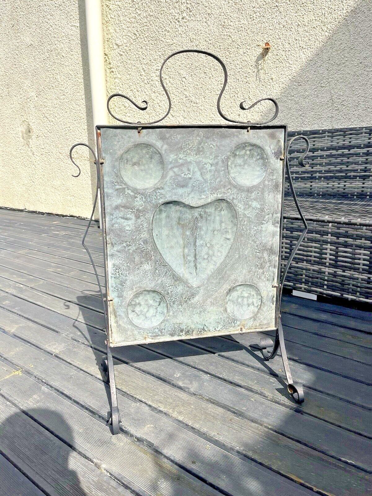 Antique Art Nouveau Heart & Roundel Copper & Wrought Iron Fire Guard Screen Af photo buy