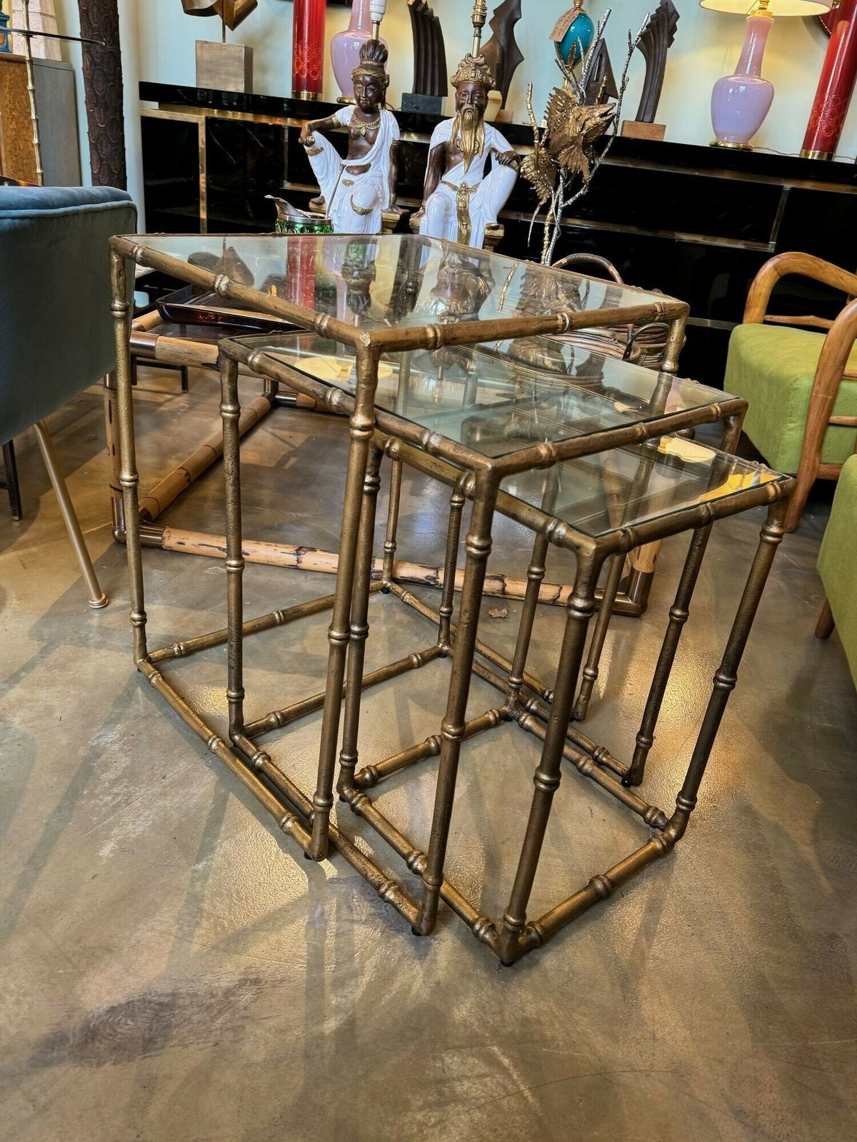 A Set Of Three French 1970s Faux Bamboo Gilt Metal Nest Of Tables, With Glass Shelves photo buy